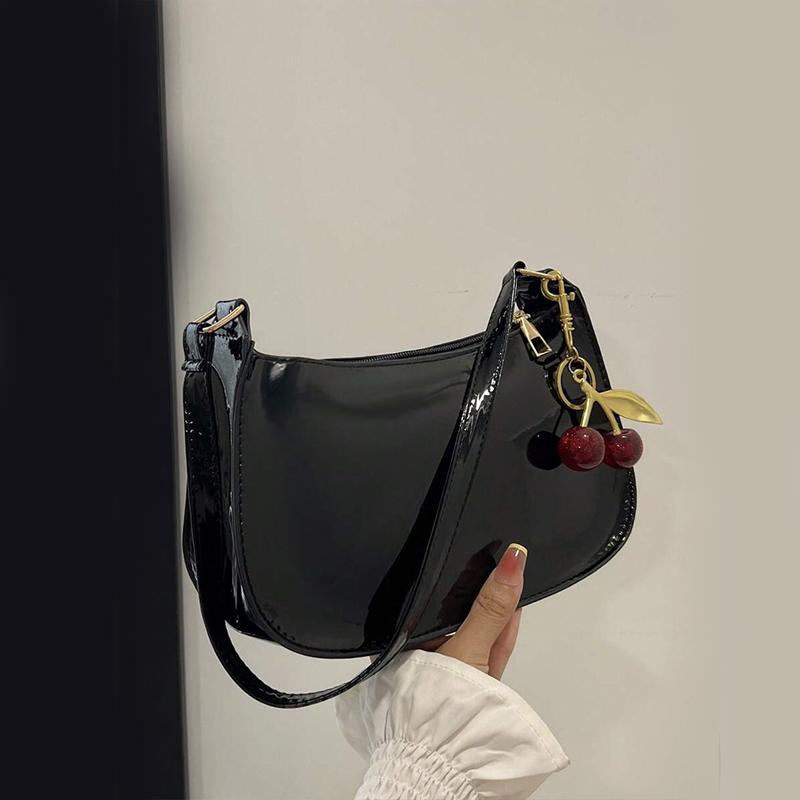 Women's PU Leather Handbag Versatile Solid Cherry Pendant Shoulder Bag Casual Commuting Bag Girl Underarm Bag
