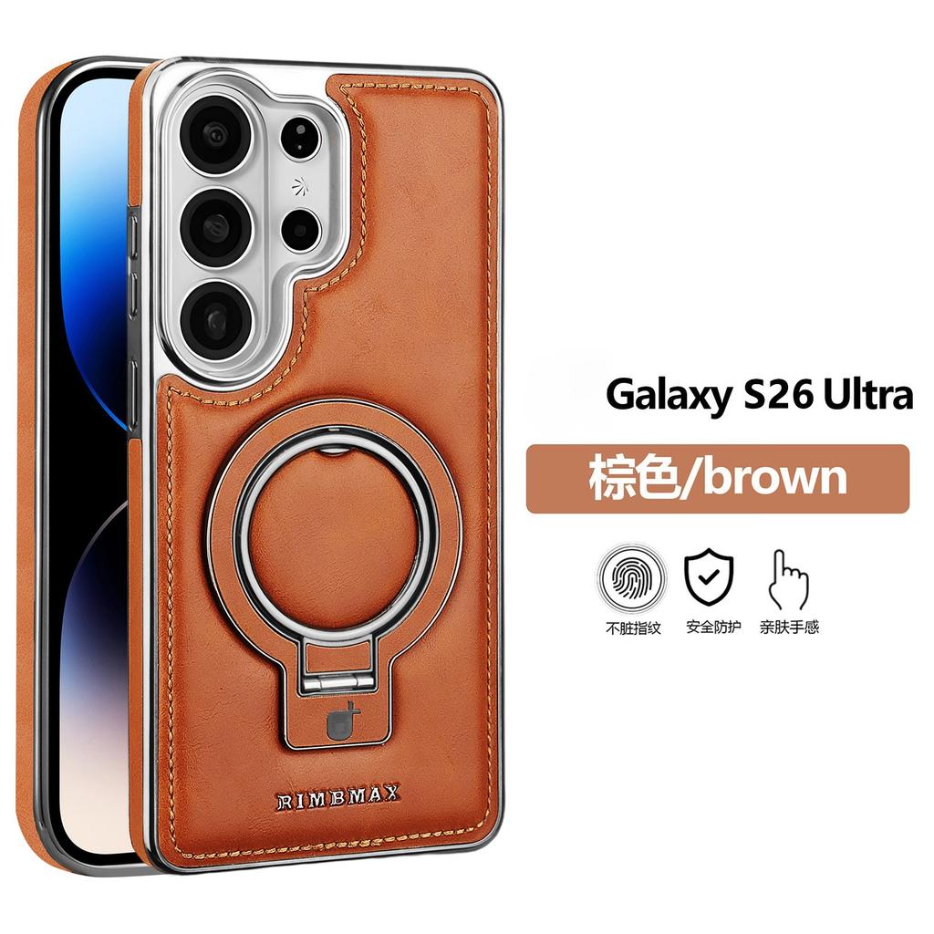 Leather Phone Case for Samsung Galaxy S26 Ultra S25 Edge S24 Plus S23 Bracket Magnetic Wireless Charging Electroplated Cover