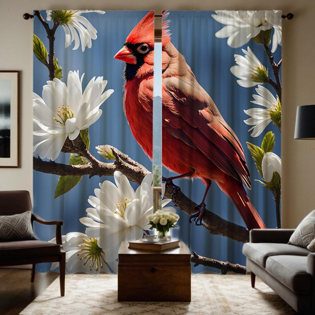2 pieces of HD pear tree bird decorative curtain Blue tie digital printed curtain Home decoration style decoration living room b