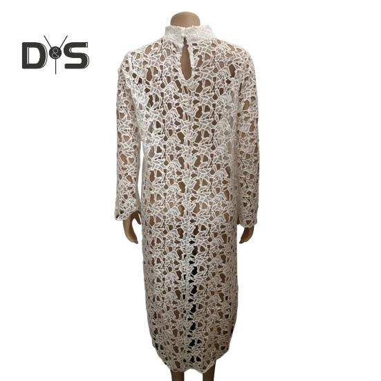 Women Long Top Cutout Irregular Crochet Lace Floral Patchwork See-through Short Front And Long Back Blouse Half-High Collar Long Sleeve Dress