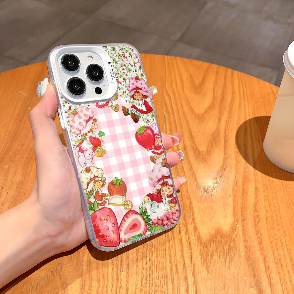 Pink Strawberry Cartoon S-Shortcake Phone Case For iPhone 16 15 14 13 12 11 Pro Max White Matte Laser Metallic Aurora Funda