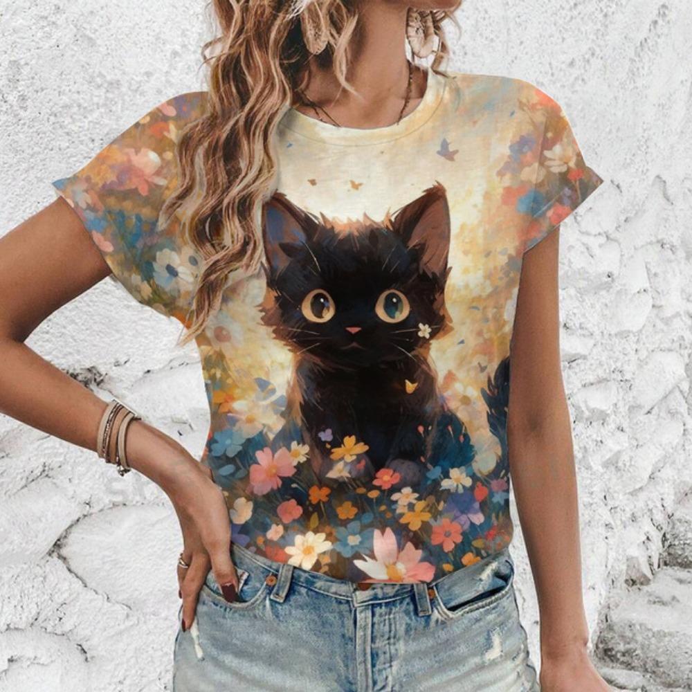 Women's Short Sleeved  Fashion Leisure Cats Lovely Pattern Print T-Shirt Elegant Oversized Summer