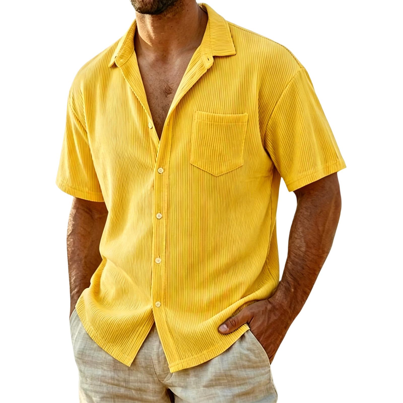 

Men Corduroy Shirt Short Sleeve Button Down Casual Loose Fit Collar Pocket Striped Lightweight Summer Shirt L жёлтый