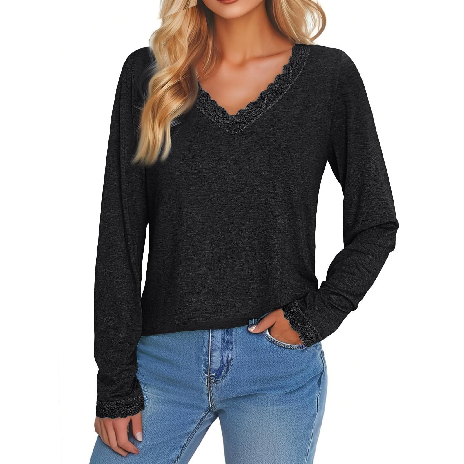 

Женская повседневная мода с длинным рукавом, однотонная кружевная отделка, V-образный вырез, облегающий топ с Т-образными рукавами XXL чёрный