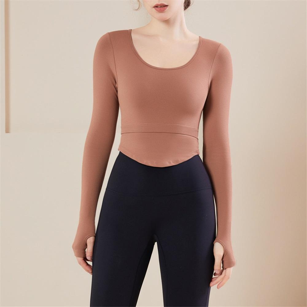 Ribbed Nude Slimming Yoga Suit Long Sleeved Women's Chest Cushion U-neck Outerwear Running Fitness Top