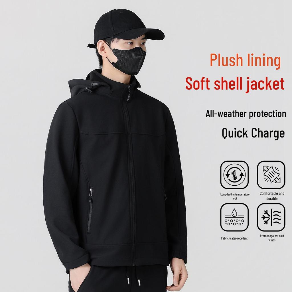 Men's Winter Softshell Jacket with Detachable Hood, Fleece-Lined, Windproof, and Warm - Plus Size Available