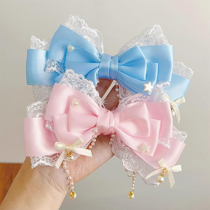 Cute Gilrs Lolita Pink Bow Headpiece Large Lace Bow Pearl Pink Kc Cute Princess Headwear Lolita Hair Clip Hair Accessories