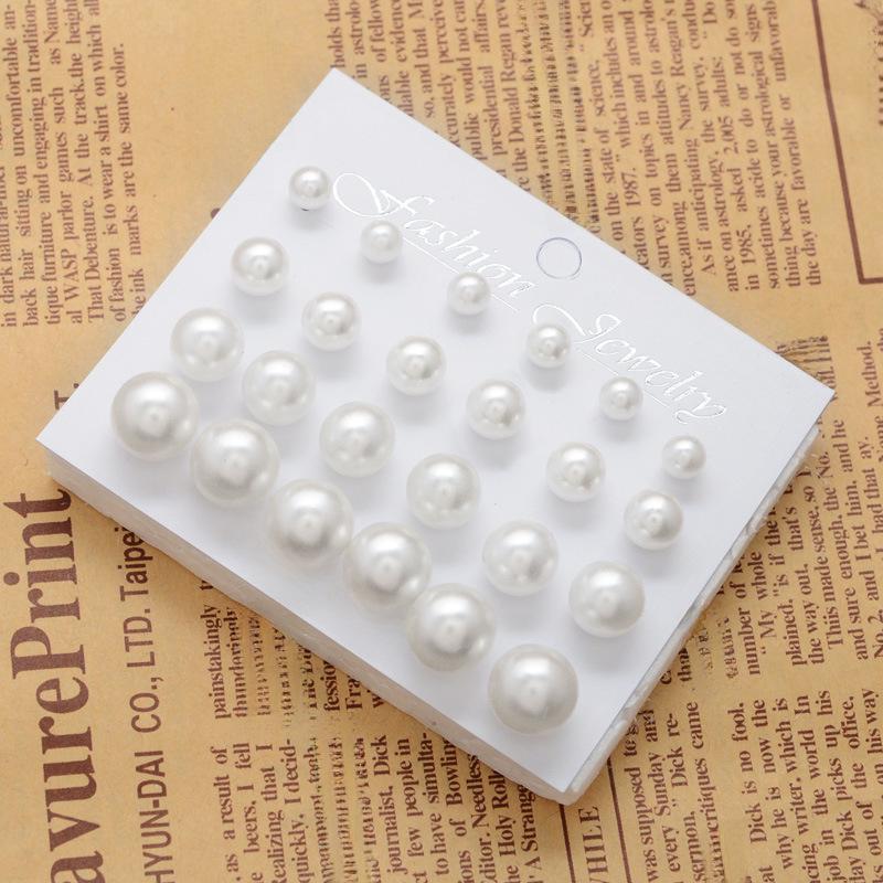 Pearl Earrings Set: 12 Pairs with Large & Small Rowed Pearls