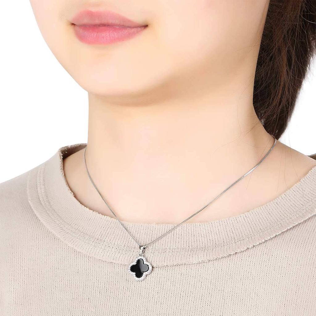 [ZIYMU] Four-Leaf Clover Pendant Necklace, Lucky Charm, Sterling Silver 925, Onyx, Women's, 40cm, zm-b-024s
