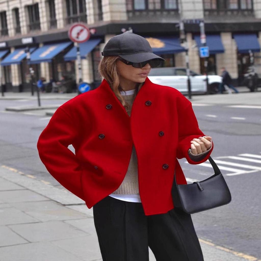 2025 Women's Double-Breasted Solid Wool Coat - Casual British Style