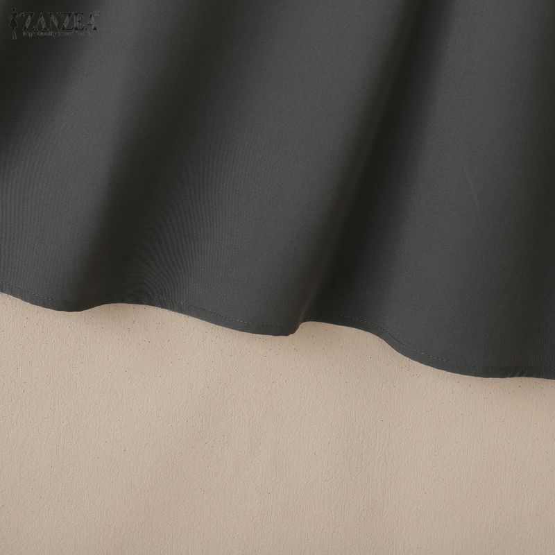 ZANZEA Bluză largă casual de damă cu gât rotund, mâneci bufante și imprimeu grilă îmbinat