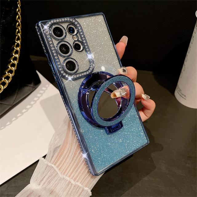 For Samsung Galaxy S23 Ultra Luxury Glitter Mirror Holder Flash Plating Diamond Frame Phone Case For Samsung S22 S24 Plus Cover