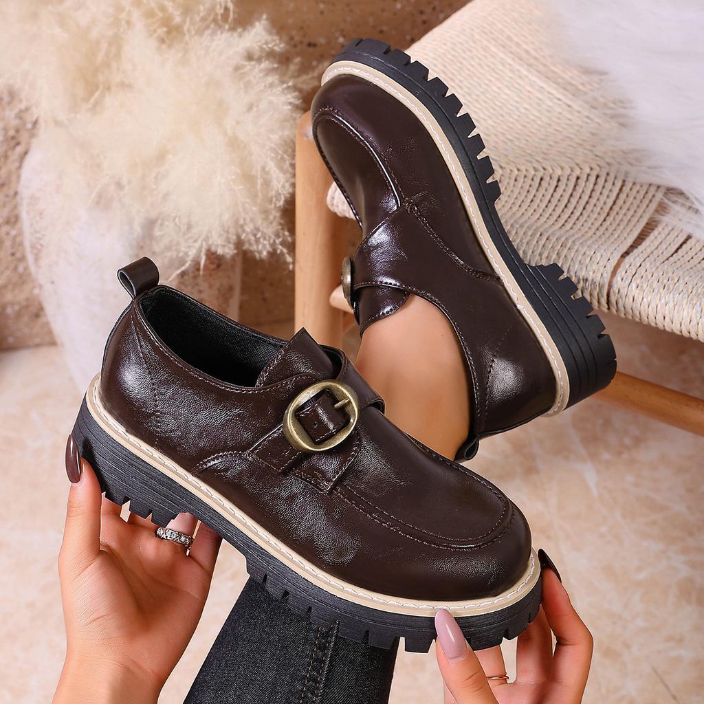 2025 new foreign trade large size loafers Lunfeng small leather shoes women's autumn new Japanese loafers with thick soles