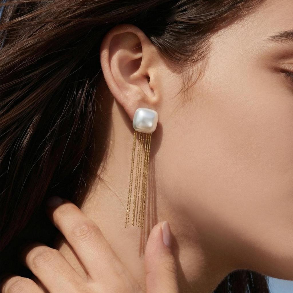 18K Gold Plated Stainless Steel Geometric Pearl Tassel Earrings - Versatile European & American Fashion Style