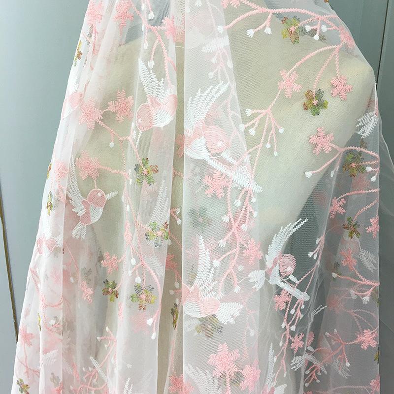 Pink Small Bird Embroidery Mesh Fabric Plant Pattern Sequins Fashion Lace Fabric For DIY Dress Children's Clothing Fabric TJ9659
