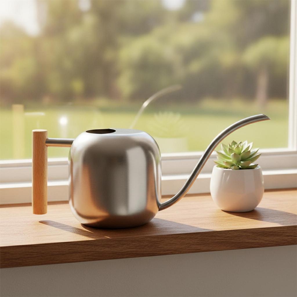Stainless Steel Watering Can Modern with Wooden Handle Silver Vessel for Plant Lovers,