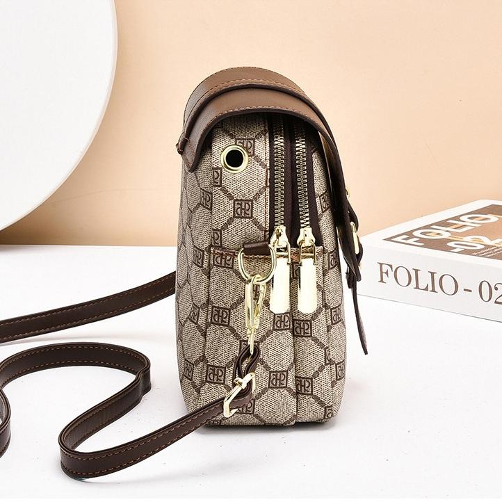 Double Zipper Mini Crossbody Bag for Women Vintage Small Monogram PU Leather Dual Zip Phone Pouch Adjustable Shoulder Strap
