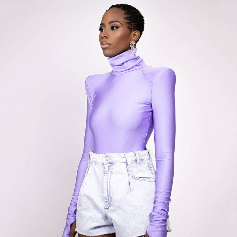 

Fashion Wind Fashionable Minimalist Turtleneck Long Sleeves Padded Shoulder Jumpsuit Slim-Fit Solid Color All-Matching Outwear Inner Bottoming Shirt Purple L