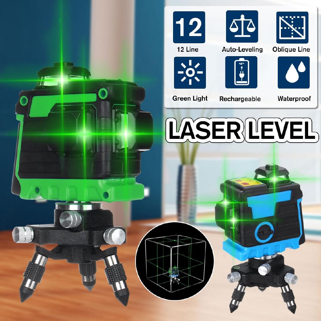 12 Lines 3D Self-Leveling Laser Level 360 Horizontal & Vertical Cross Super Powerful Green Laser Beam Line+ battery
