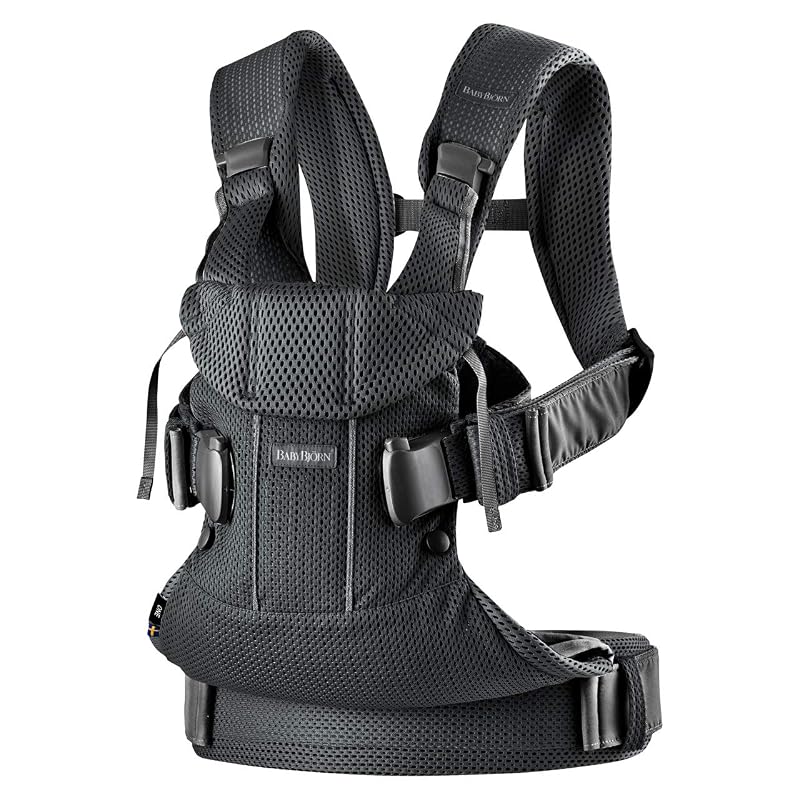 BabyBjörn ONE KAI Air Baby Carrier, suitable for babies 0-36 months, made with breathable mesh material, black, 4-way design.
