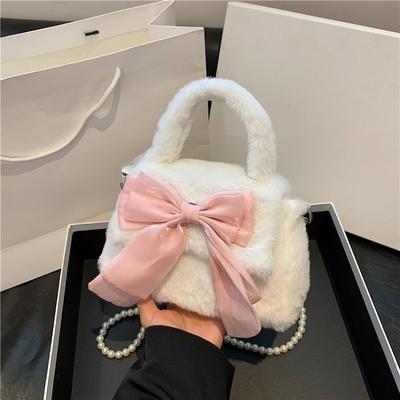 Cute Bow Sweet Girly Plush Bag Commuting Plush Pearl Hand-held Shoulder Crossbody Bag
