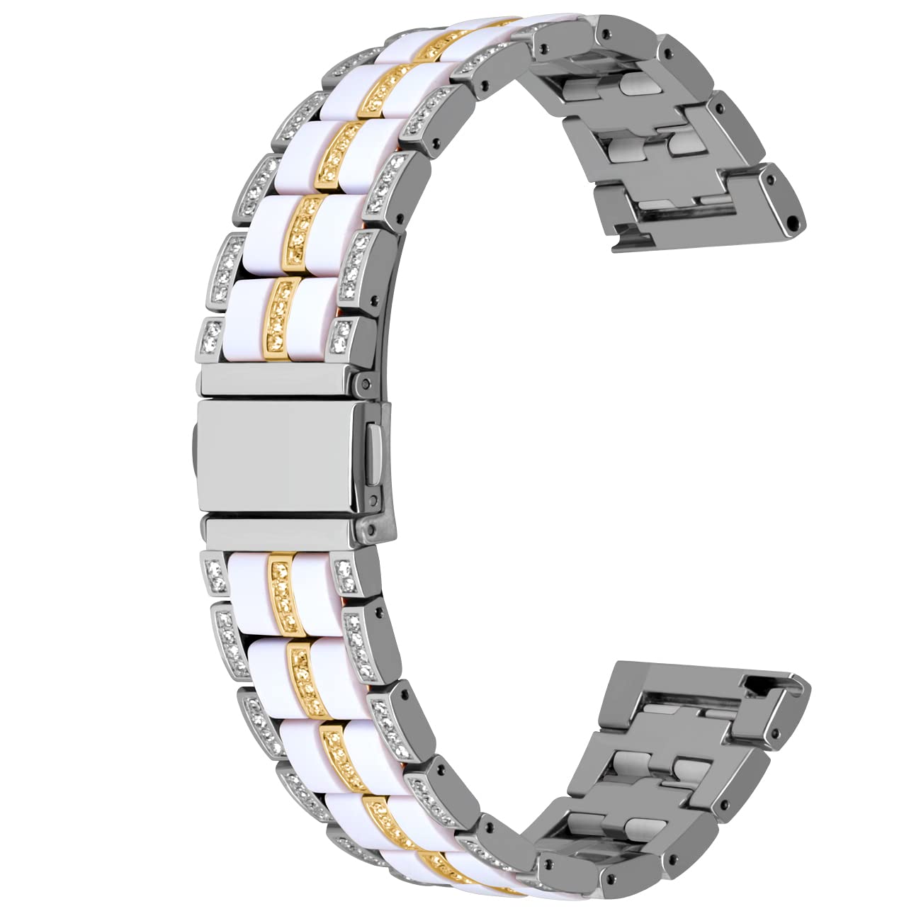 

[Kai Tian] 22mm Silver Rose Gold Black Stainless Steel Pink White Rainbow Blue Resin Jade Bling Bling Watch Band (Silver + Gold Tone + White)