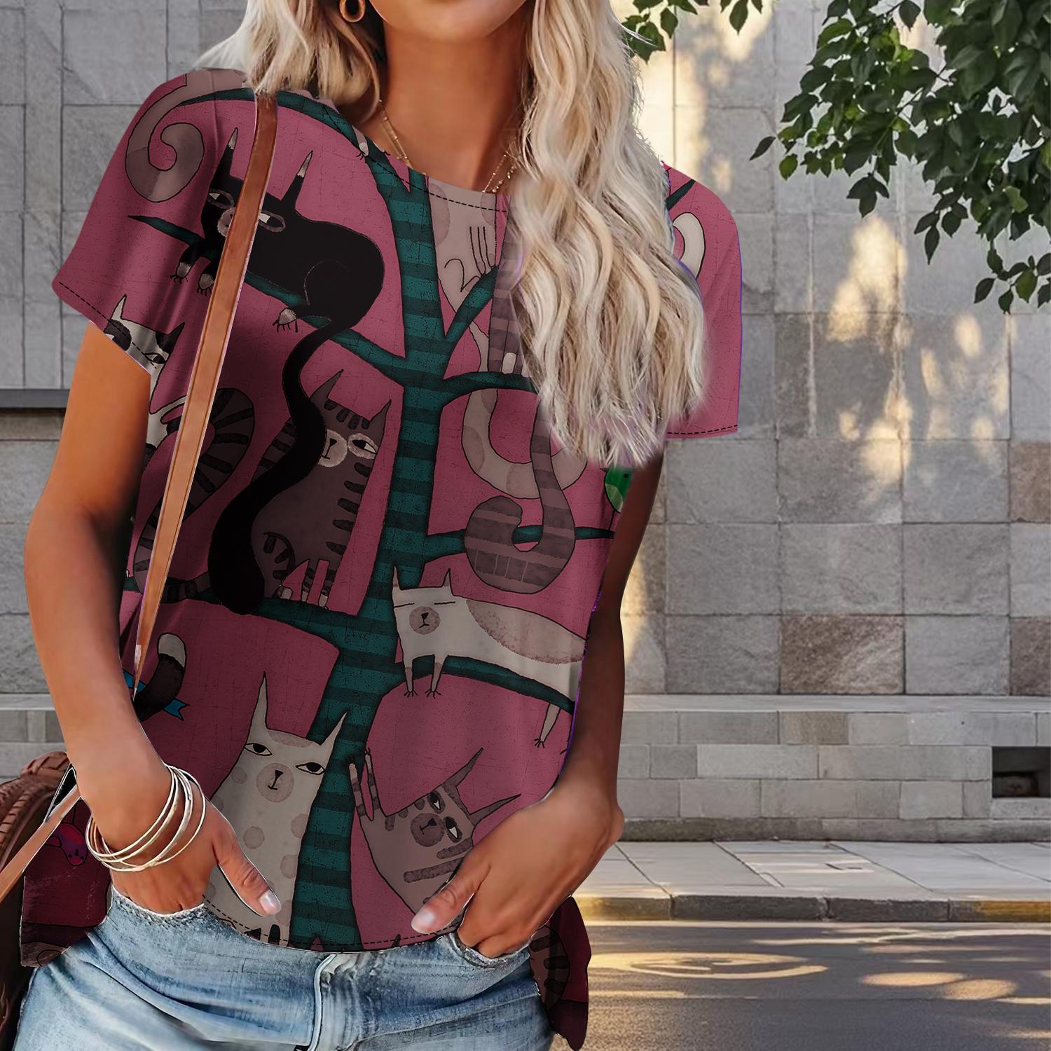 

Женская летняя футболка с принтом кота в стиле ретро, футболки с коротким рукавом, повседневные топы с принтом 8XL розовый