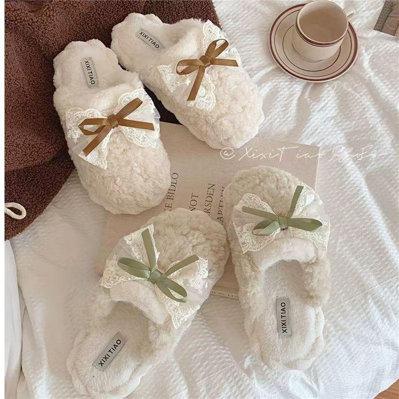 Winter Cotton Slippers Women Student Bow Thick Sole Anti Slip Warm Home Casual Versatile House Slippers