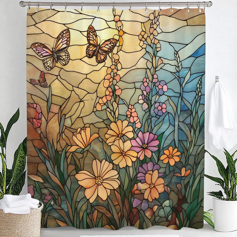 

1Pc Colorful Butterflies Print Waterproof Shower Partition Privacy Hanging Curtain With Hooks Multiple Size Machine Washable W60H190(CM)-1 Pcs