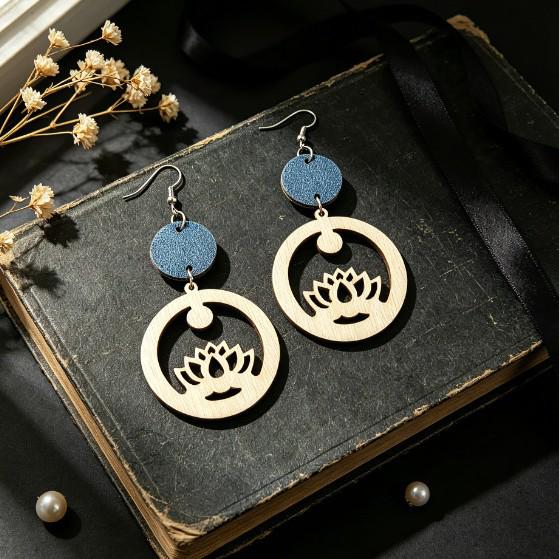 European-American Wood and Denim Patchwork Round Earrings
