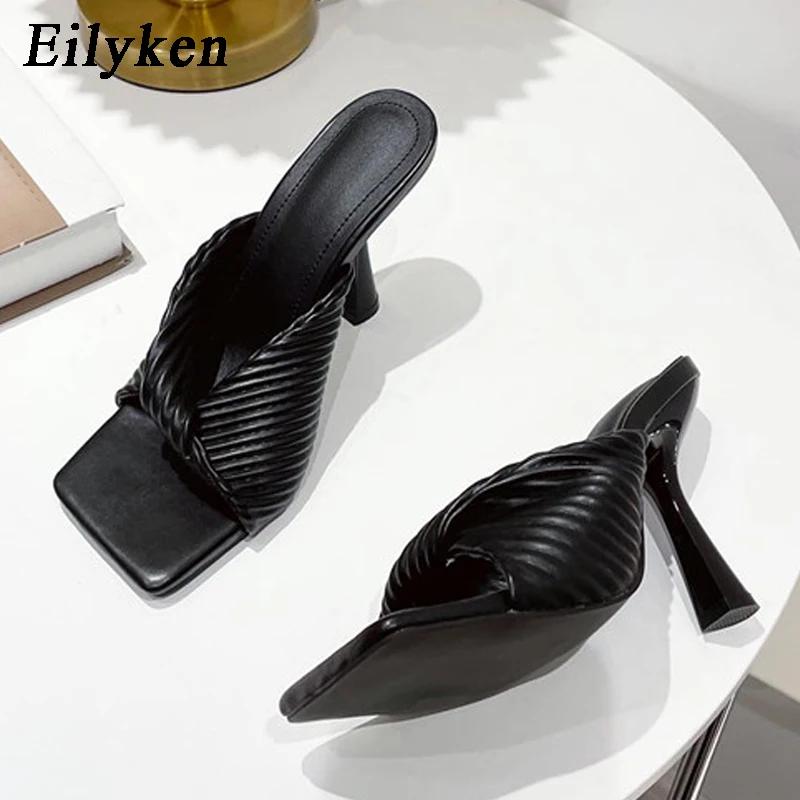 Summer Pleated Orange Women Slipper Fashion Slides Ladies Elegant Thin High Heel Square Toe Sandals Shoes