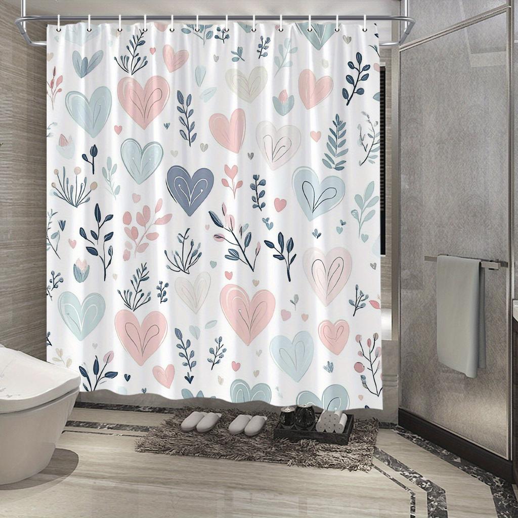 Akvarelový závěs do sprchy se srdíčky - Růžová, modrá a béžová srdíčka se stylizovanými listy na bílém pozadí, odolný polyester