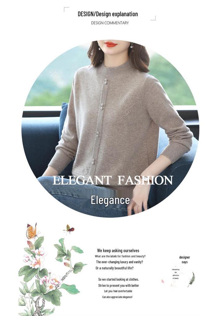 Petite Women's Autumn Winter Pure Wool Knit Sweater - Half-High Neck Base Layer for Middle-aged Moms