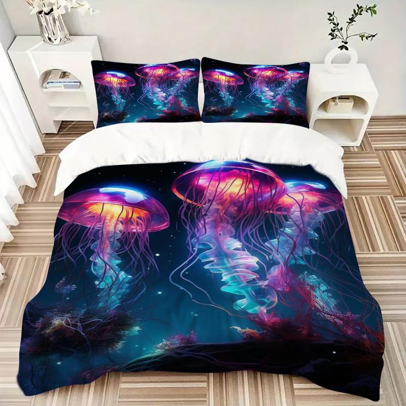 3pcs Colorful Jellyfish Bedding Set - Includes One Quilt Cover and Two Pillowcases (No Core) - Anime Cartoon Design for Bedroom Decorations.