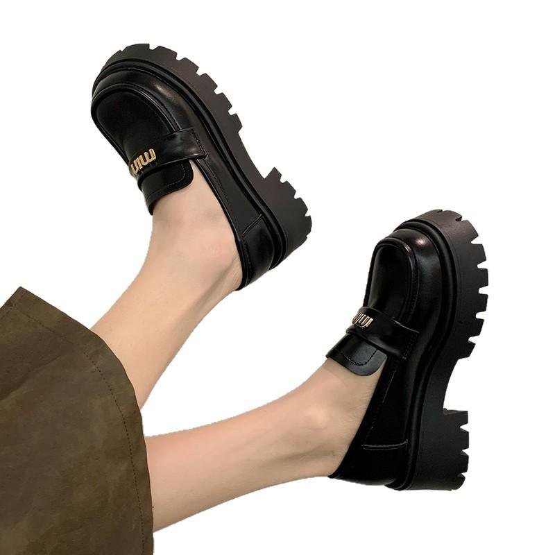 British style small leather shoes 2025 women's muffin bottom spring new versatile platform shoes black Mary Jane loafers