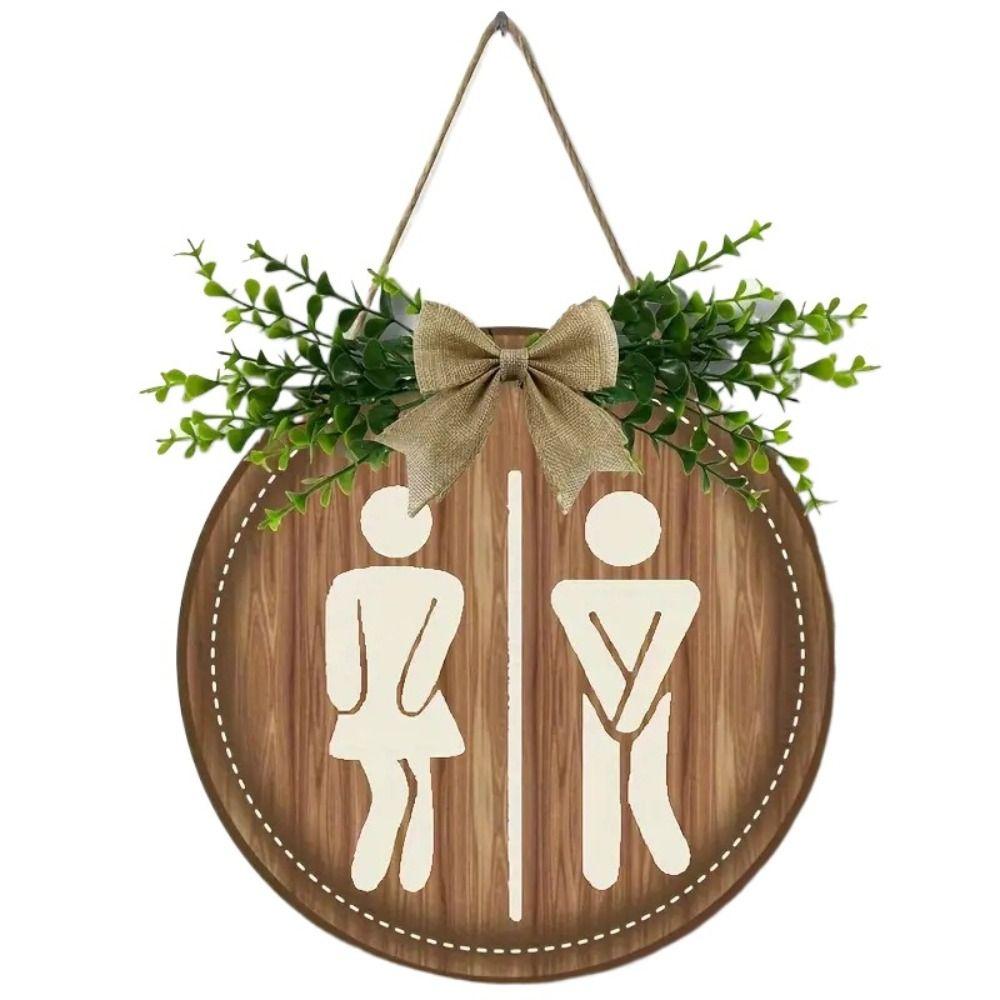 Bow Knot Wooden Toilet Sign Round Wall Hanging Signs Creative Bathroom Sign  Shower Room