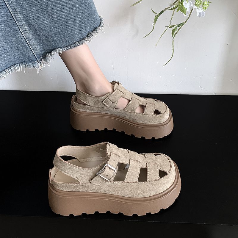 Muffin Thick-soled Heightening Baotou Sandals Women's 2025 New Summer Roman Shoes Small Pig Cage Shoes Loafers