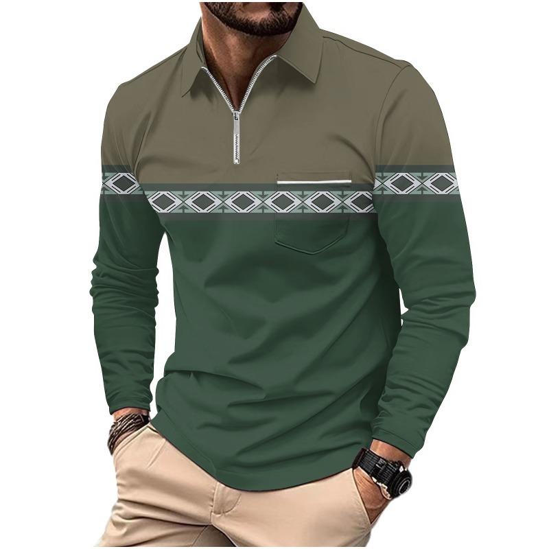 Men's Printed Polo Shirt with Zipper Pocket Sports Long Sleeved Polo Shirt