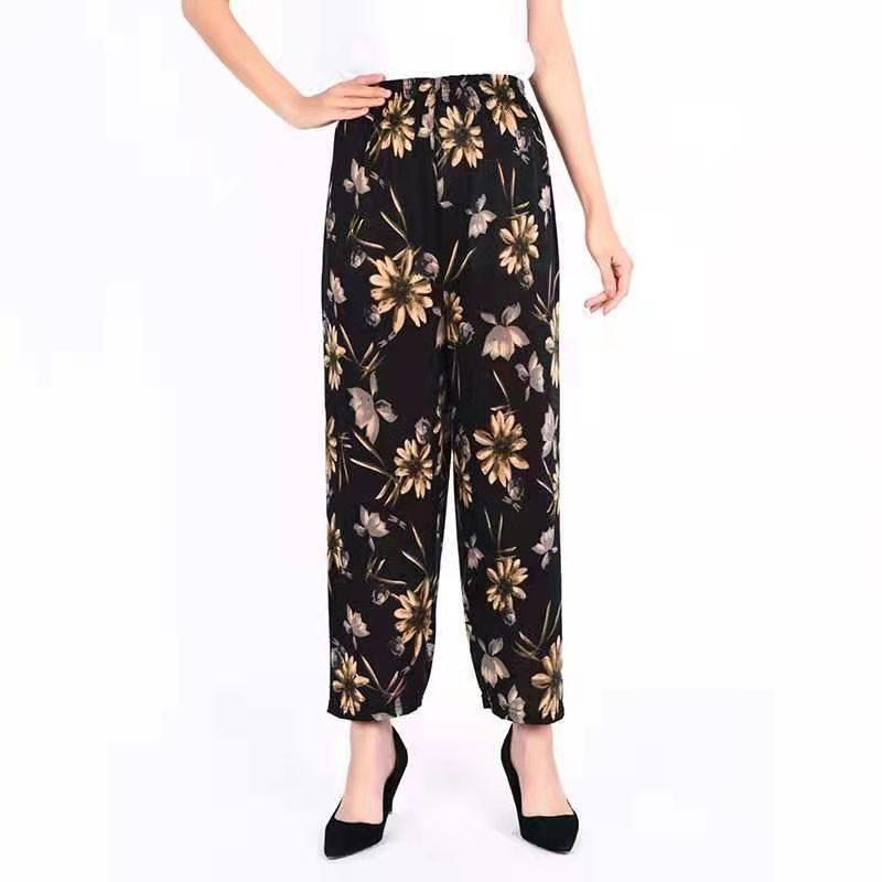Women's   Summer Ice Silk Home Pants Loose Printed Jogger Pants High Waist Thin Casual Cropped Pants