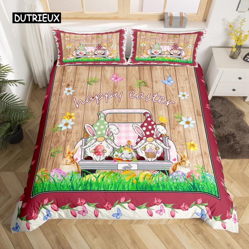 Poszewka na kołdrę z krasnalem i jajkami wielkanocnymi, zestaw pościeli z motylami i tulipanami, mikrofibra, tęcza, deska drewniana, kawaii, poszwa na kołdrę z krasnalem