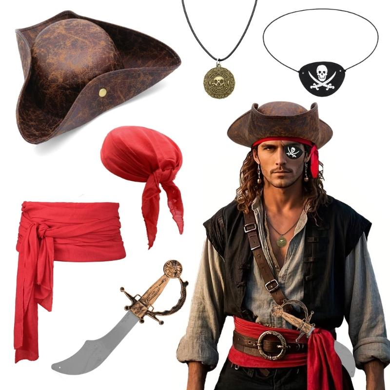 Cariban Pirate Costume Accessories 7PCS Hat And Headscarf Set Practical Polyester For Theme Parties