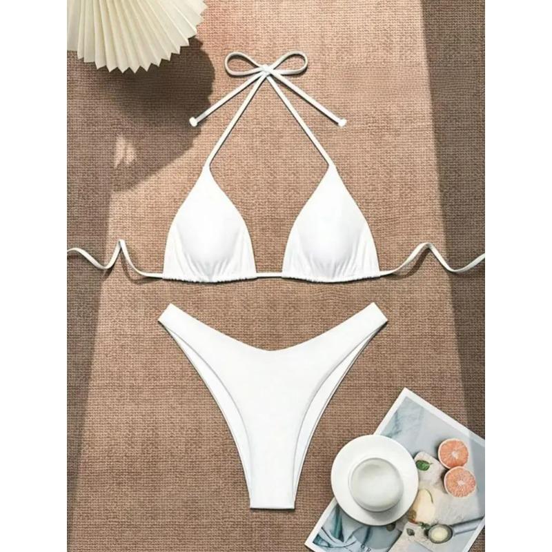 New Halter Bikini Women Solid Color Two-Piece Set Sexy Split Swimsuit Yellow Red Black Coffee White Pink Lace Up Bathing Suit