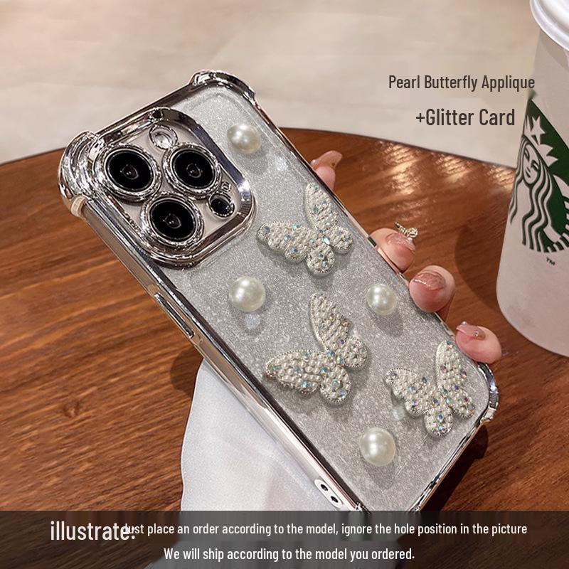 Butterfly Pearl Bracelet Phone Case for Apple 16 Pro Max: Electroplated Drop Protection, High-End Feel, Glitter Design.