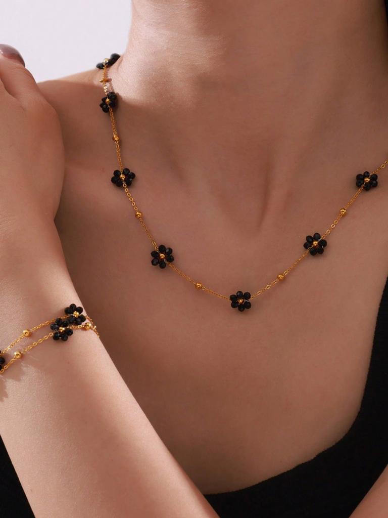 1 Set Vintage British Style Stainless Steel Zircon Set with Natural Stone Beads and Flower Decoration, Women's Zircon Gift