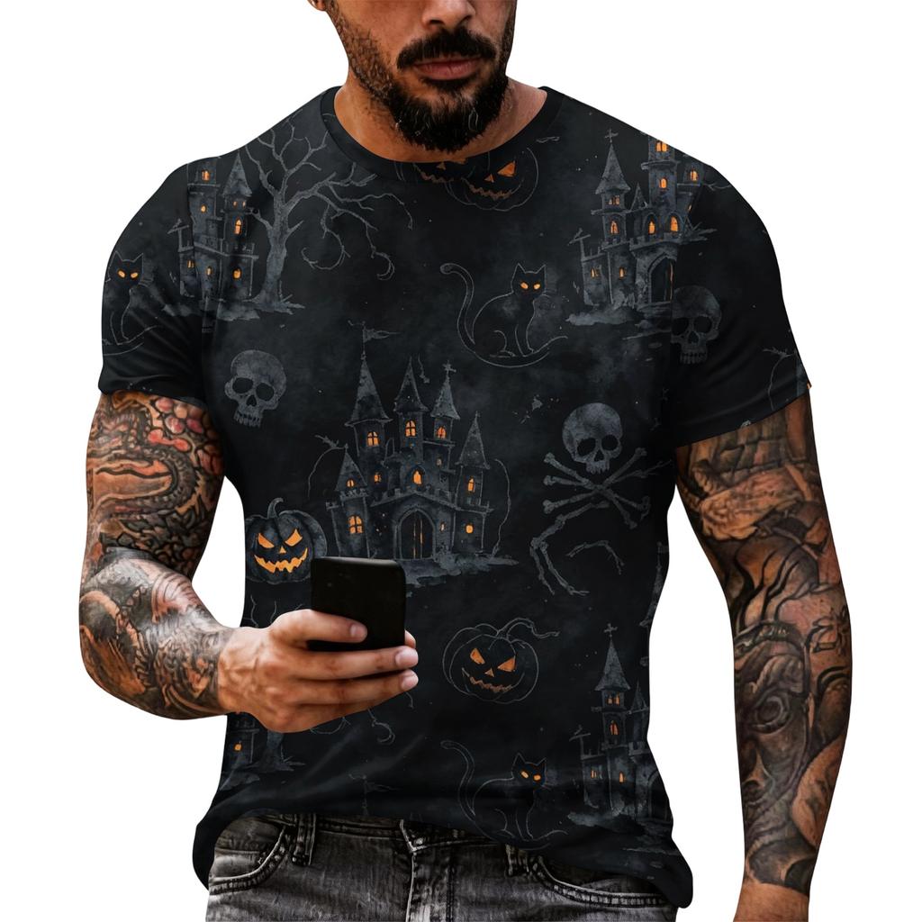 Men's Halloween Graphic Short Sleeve T Shirt Loose Fit Casual Summer Daily Top Spider Web Skull Print Comfortable Tee