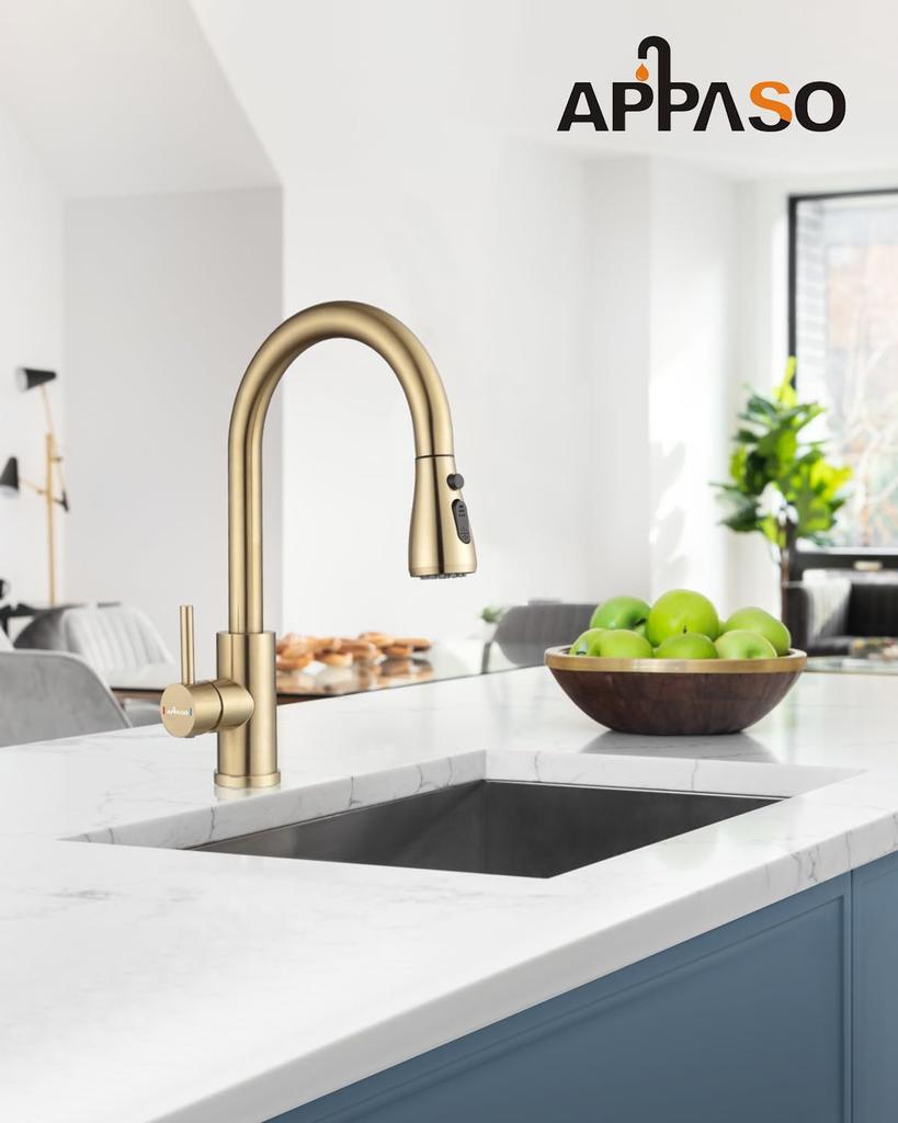 APPASO Modern Kitchen Mixer Tap with Single SUS304 Stainless for Kitchen Includes Japanese Instruction Manual Pull-Out Spray, Lever, Steel, Sinks,