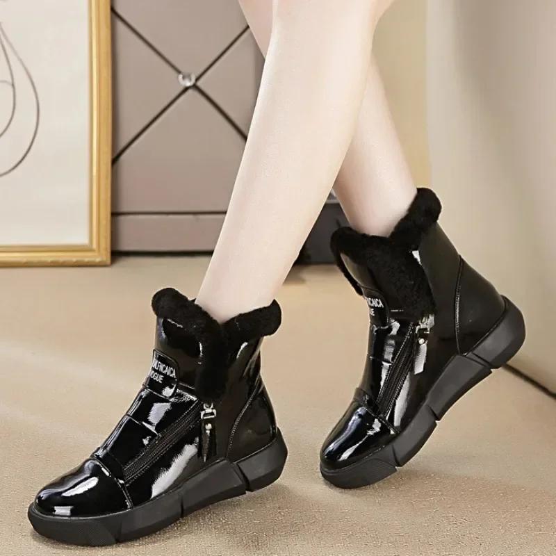 Fashion 4CM Platform Wedge Sneakers Women ZIP Ankle Booties Genuine Leather Chunky Autumn Winter Plush Warm Fur Comfortable Snow boots