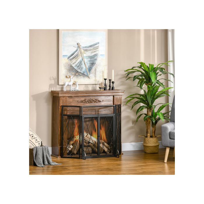 HOMCOM 3-Piece Spark Guard Black Metal Wrought Iron Fireplace Screen 120 X 79 Cm, Elegant Design for a Safe Fireplace