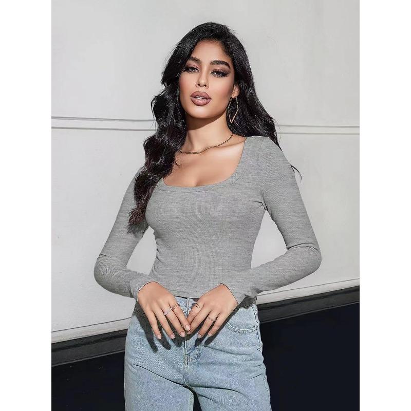 Women's Fashion Casual Spring Fall Solid Color Print Long Sleeve Square Collar Blouses & Shirts