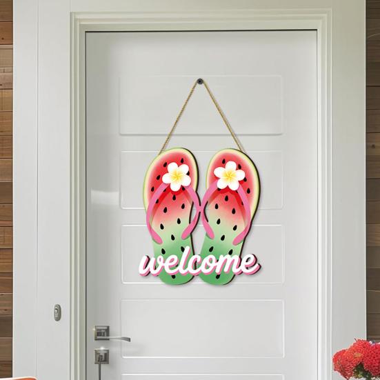 Summer Slippers Hanging Sign Flip Flop Shape Welcome Door Sign Rustic Watermelon Ice Cream Wooden Wreath for Farmhouse Front Door Patio Balcony Wall